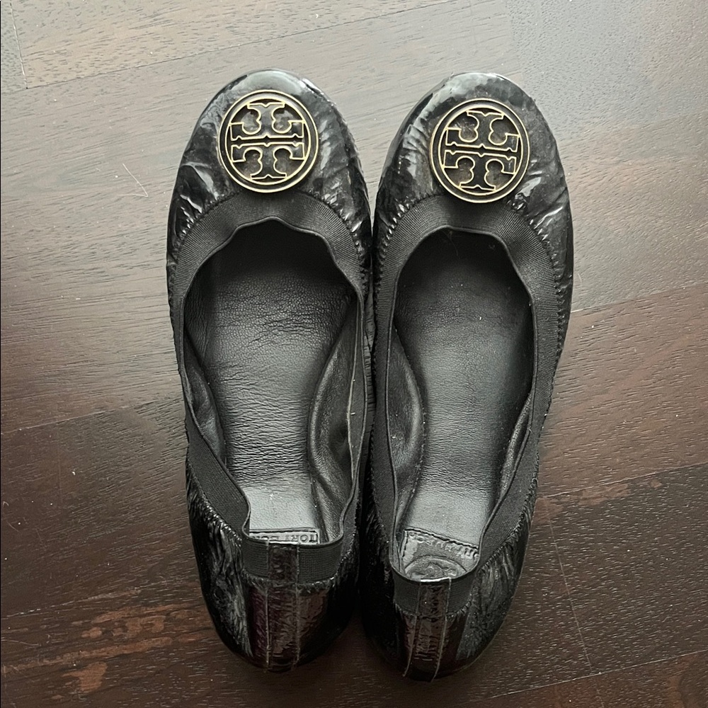 Tory Burch Black Leather Flats with Gold Logo